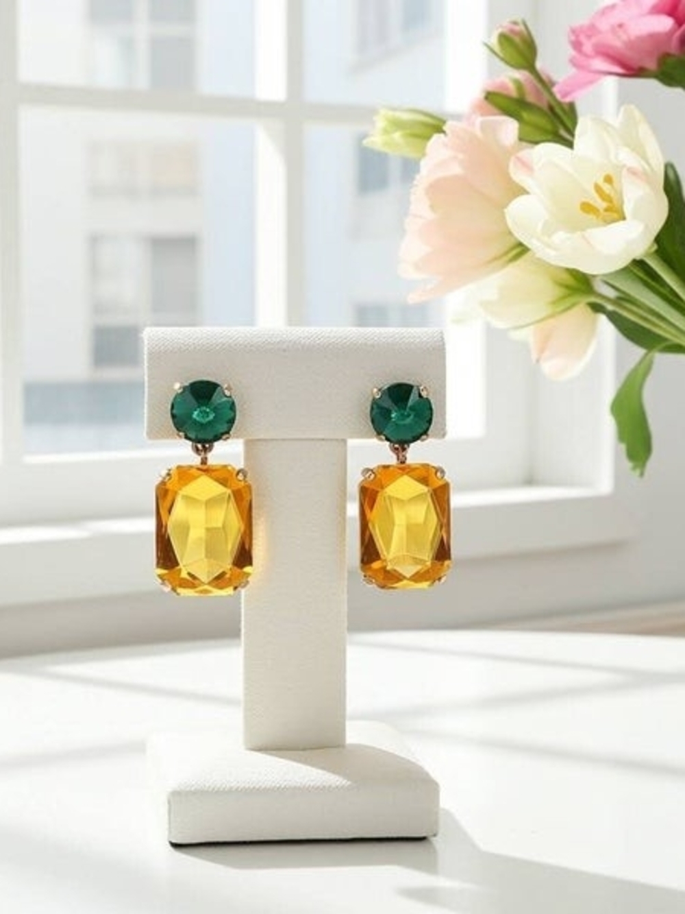 Emerald & Amber Crystal Drop Earrings - Gold Tone